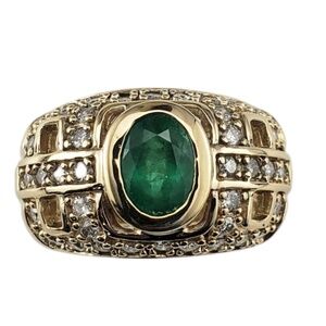 14K Yellow Gold Natural Emerald and Diamond Dome Ring Size 5.75 #21213
